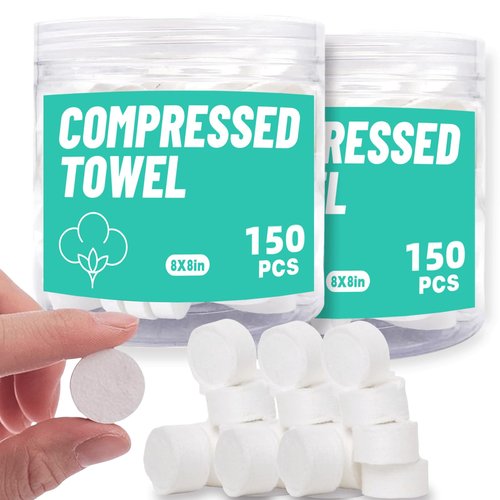Compressed Towels Travel Size | Hypoallergenic Cotton Wet Wipes for Sensitive Skin | Unscented Face & Body Cleansing Cloths for Adults & Baby | Portable Gym Camping Makeup (White-300, M)