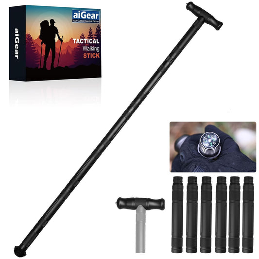 aiGear Walking Hiking Stick with Compass and Whistle, 14 in 1 Survive Walking Hiking Stick Outdoor Trekking Poles with Solid Durable Survive Tools 6 Tubes