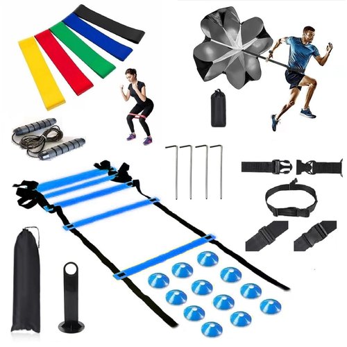Speed Training Equipment Set, 12 rungs Agility Ladder, 12 Soccer Cones, Jump Rope, Running Parachute, Resistance Bands, Basketball Football Soccer Training Equipment for Kids Youth Adults. (Blue)