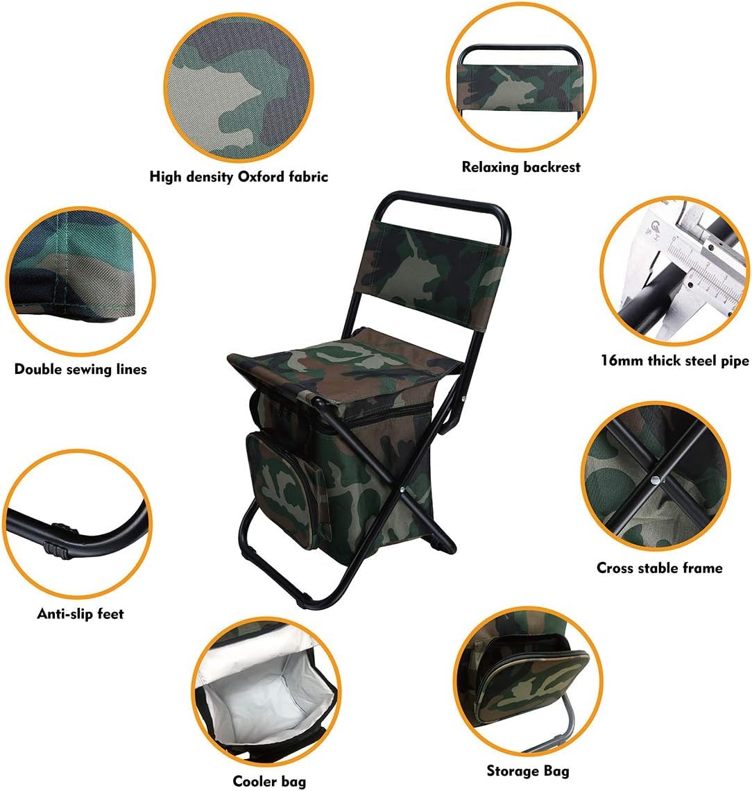 LEADALLWAY Fishing Chair with Rod Holder and Cooler Bag, Camouflage, Portable, Outdoor, 2.9 lbs, 280 lbs Capacity, Steel Frame, Oxford Fabric, Anti-Slip Feet, Adjustable Shoulder Strap