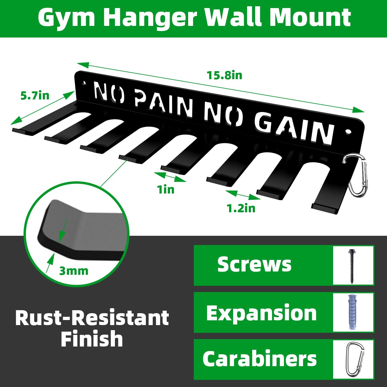 Home Gym Accessories Organization Storage Rack Equipment For Home 8 Hook Wall Hanger Display Gear Barbells Resistance Bands Jump Ropes Lifting Belt Hanger Accessories Hardware Included (No Pain No Gain M)