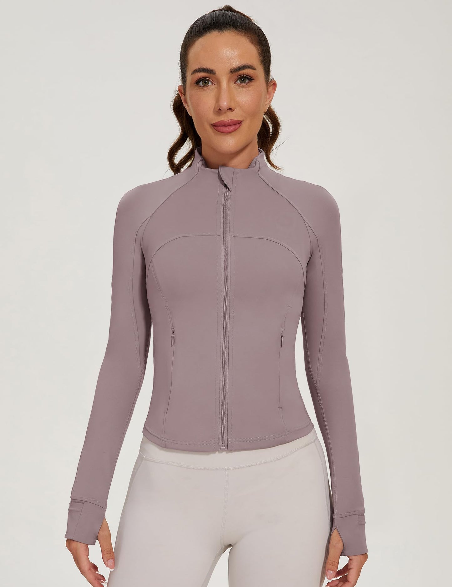 Athletic Running Track Jacket for Women Lightweight Long Sleeves Full Zip jacket with Thumb Holes Cropped Tops Gray Purple XS