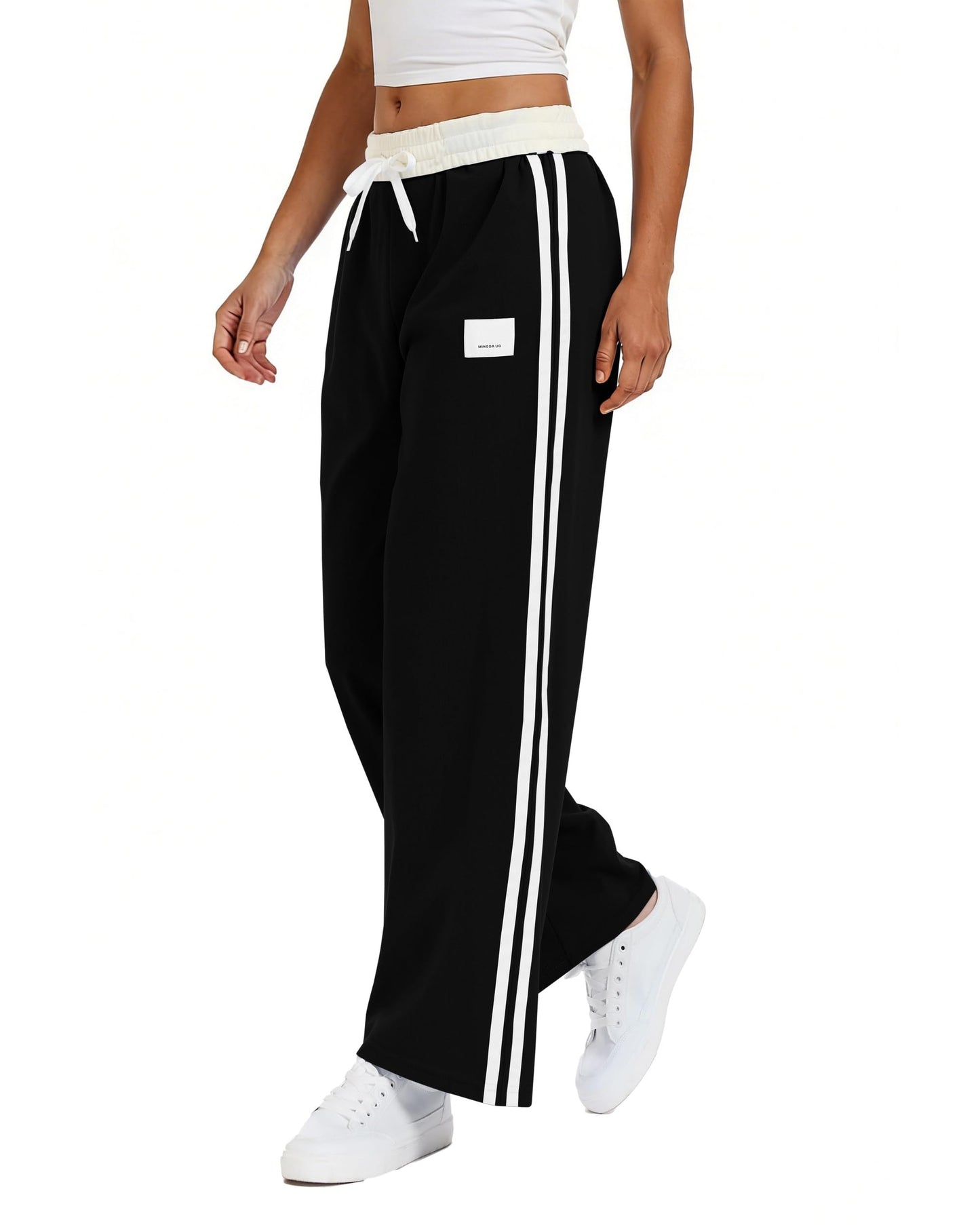YIPINK Womens Track Pants Athletic Running Pants Sweatpants Straight Leg Cotton Fold-Over Sports Jogging Striped Loose Fit Black
