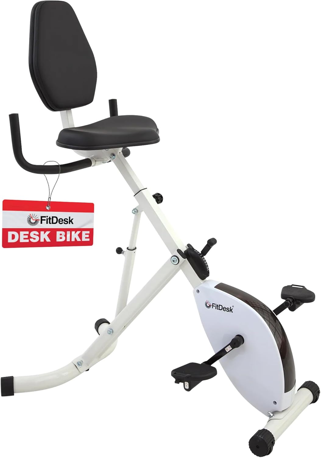 FitDesk Height Adjustable Exercise Desk Bike with Digital Performance Monitor, 8 Resistance Levels, Foldable Frame, Supportive Seat with Backrest, Supports Up to 242 lbs for Home & Office, White