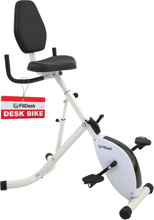 FitDesk Height Adjustable Exercise Desk Bike with Digital Performance Monitor, 8 Resistance Levels, Foldable Frame, Supportive Seat with Backrest, Supports Up to 242 lbs for Home & Office, White