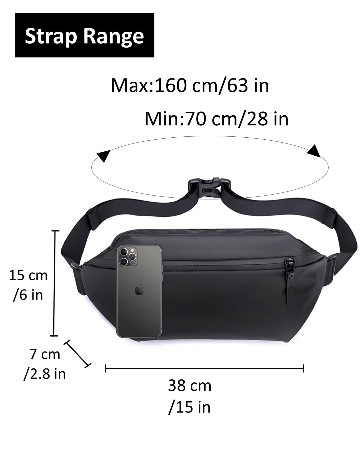 Fanny Pack for Men & Women | Adjustable Waist Bag (28-63 Inch Belt) – Large Waterproof Belt Bag for Hiking, Running, Travel, Gym | Phone Pouch with Zipper Pocket (Black)
