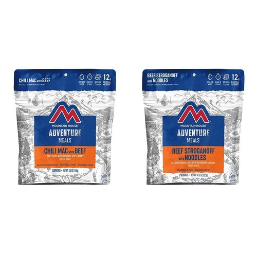 Mountain House Chili Mac with Beef | Freeze Dried Backpacking & Camping Food | 2-Servings and Mountain House Beef Stroganoff with Noodles | Freeze Dried Backpacking & Camping Food | 2 Servings