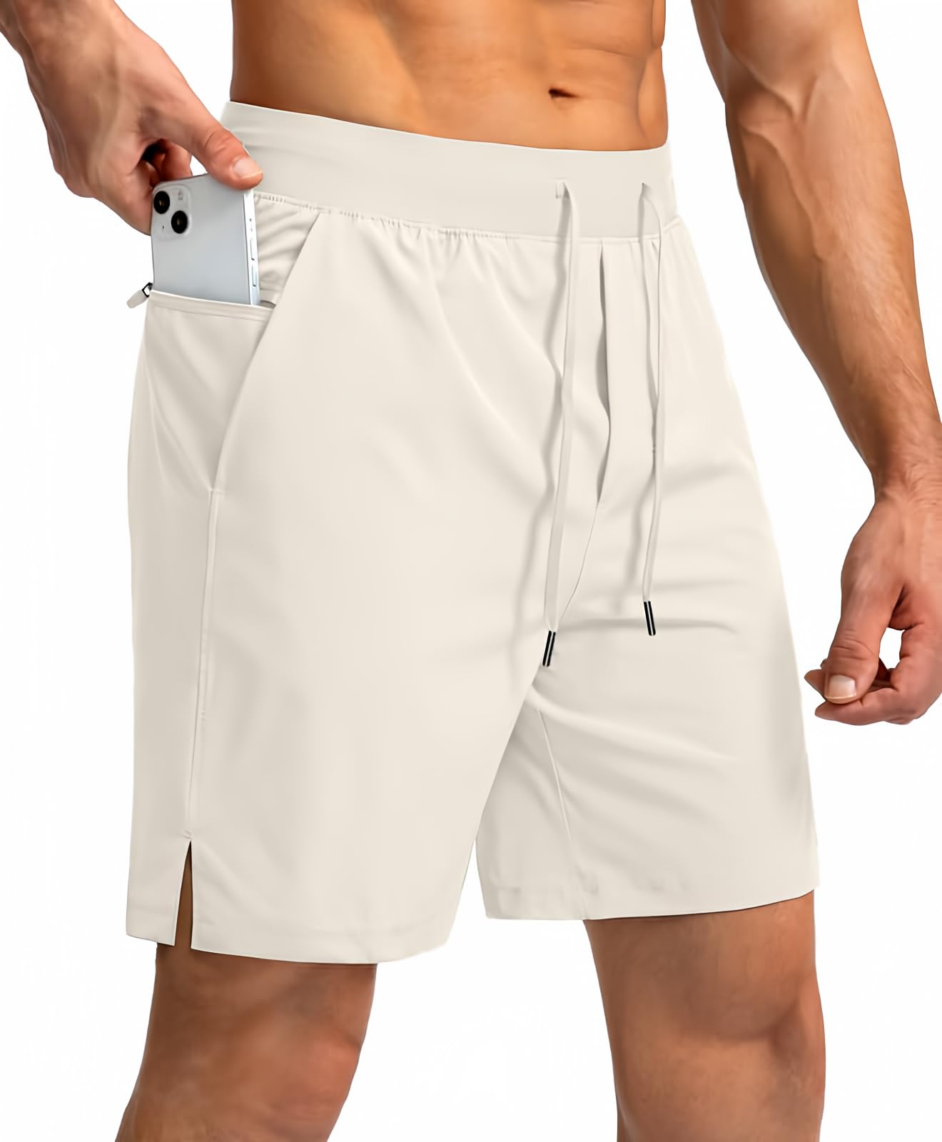 Soothfeel Men's Running Shorts with Zipper Pockets 7 Inch Lightweight Quick Dry Gym Athletic Workout Shorts for Men (Bone, M)