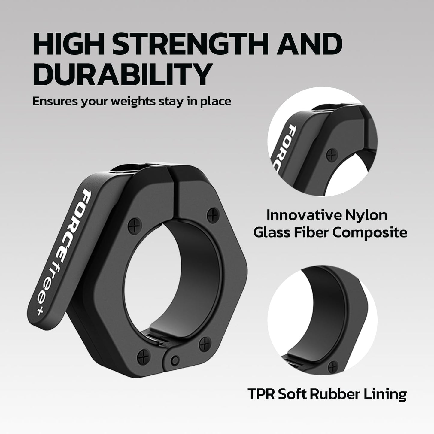 Forcefree+ Barbell Clips (Pair), Barbell Clamps, Quick Release Olympic Barbell Clamps with Anti Slip TPR Grip, Barbell Collars for Secure Weightlifting & Powerlifting (NO MAG, Black)