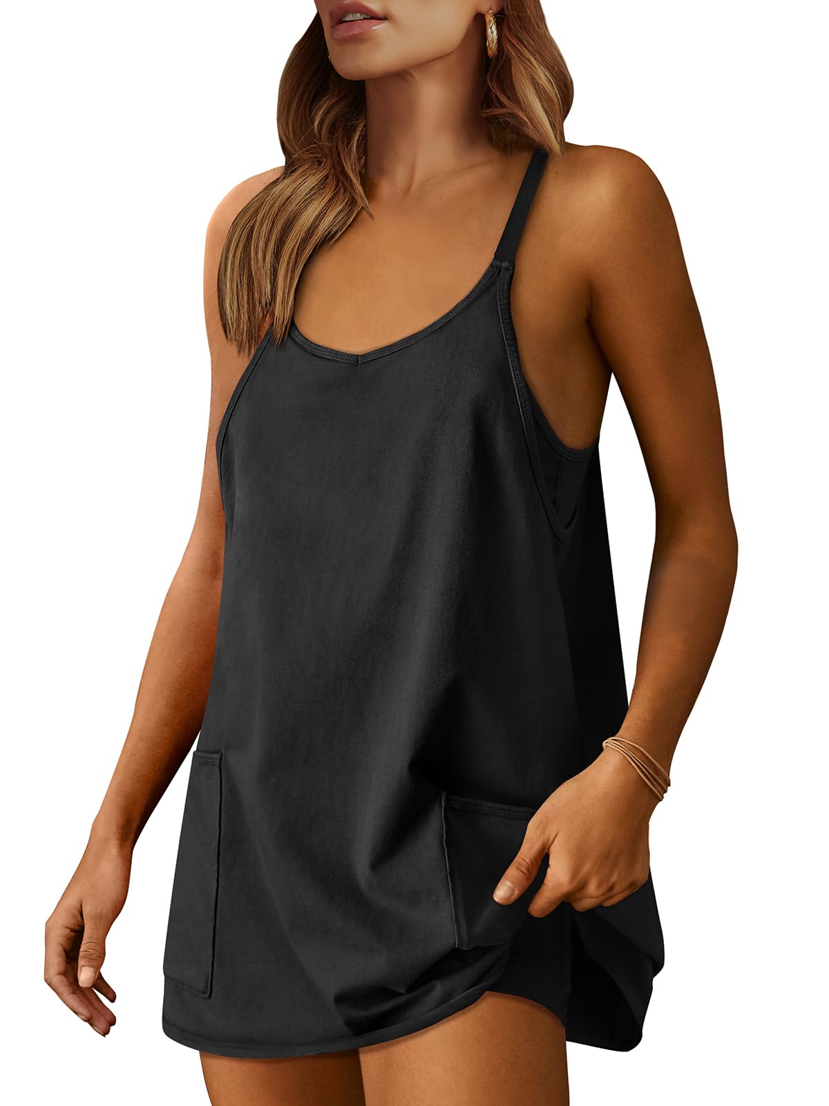 ANRABESS Women Athletic Dress Summer Tennis Workout Active Sports Mini Romper Dress Built in Shorts Travel Vacation Clothes Black XX-Large