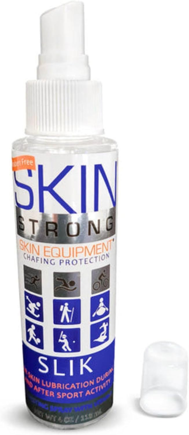 Skin Strong Slik Anti-Friction and Anti-Chafe Spray. Eliminates Chafing and Defends Against Friction. Quick Spray Application for Feet, Thighs, Bras, and Wetsuits. Non-Greasy and Non-Staining.