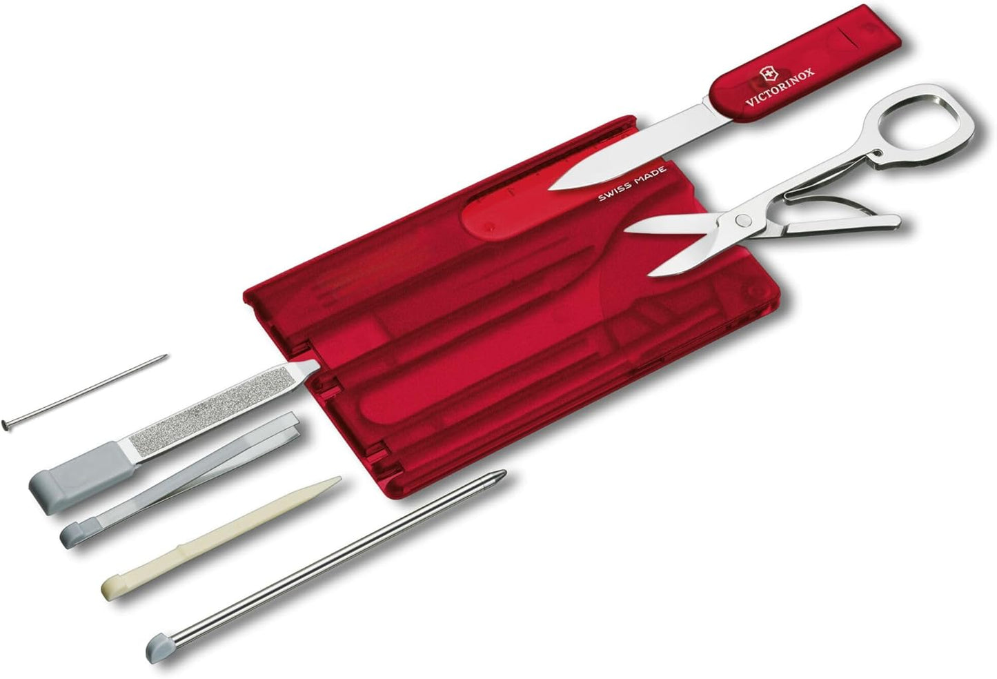 Victorinox Swiss Card Classic Swiss Army Knife, 10 Functions, Swiss Made Pocket Knife with Scissors and Pressurized Ballpoint Pen - Ruby