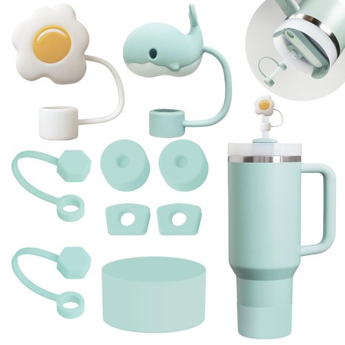 Cup Accessories Set Includes 6Pcs Silicone Spill Proof Stopper, 2Pcs Straw Cover Cap for 9-10 mm Straw, 1Pcs Silicone Boot Compatible with Stanley Cup 40oz&30oz Tumbler(Seafoam)