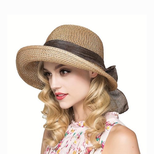 Straw Sun Hats for Women Wide Brim Bow Ribbons Roll Up Bucket UPF 50+ Foldable Sun Hat with Strap UV Protection Summer Travel Beach Khaki