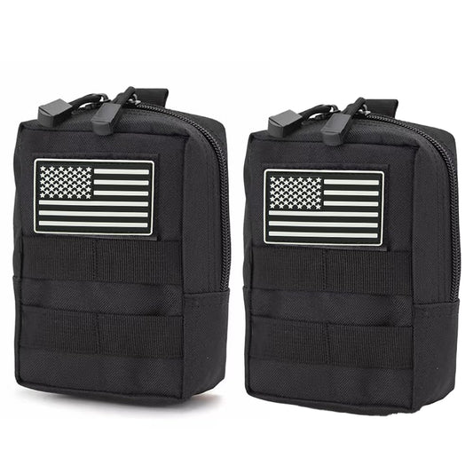 2 Pack Molle Pouches-Vest Pouch Belt Pouch Waist Bag Pack EDC Molle Accessories Bag Small Utility Pouch with Flag Patch Black