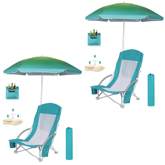 WGOS Beach Chair Beach Folding Chair for Adults Camping Chair High Back with Umbrella and Cooler Bag, Huge Shade, Portable & Lightweight for Beach, Outdoor, Camping (2, Bright Blue w/Hint Green)