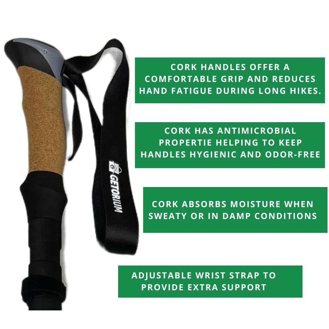 GETORIUM Trekking Poles - Lightweight, Folding Hiking Poles for Backpacking Gear, Nordic Ultralight Walking Sticks, 2 Poles, Aluminum 7075, 110-130cm, Cork Grip