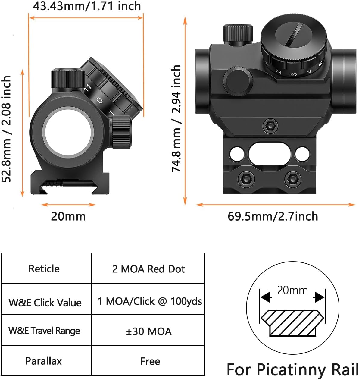 MidTen 2MOA Red Dot Sight 1x25mm Reflex Sight Waterproof & Shockproof & Fog-Proof Red Dot Scope with 1 inch Riser Mount
