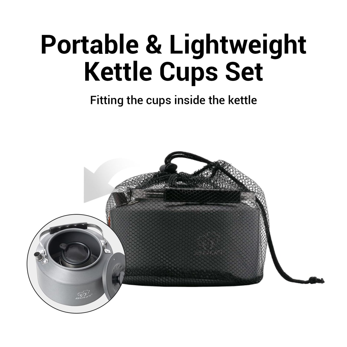 Bulin Camping Kettle, 2.2L Large Portable Stovetop Tea Kettle Fast Heating Boiling Hot Water for Open Fire Lightweight Coffee Pot with 2 Camping Cups & Lids for Outdoor Hiking Picnic Travel