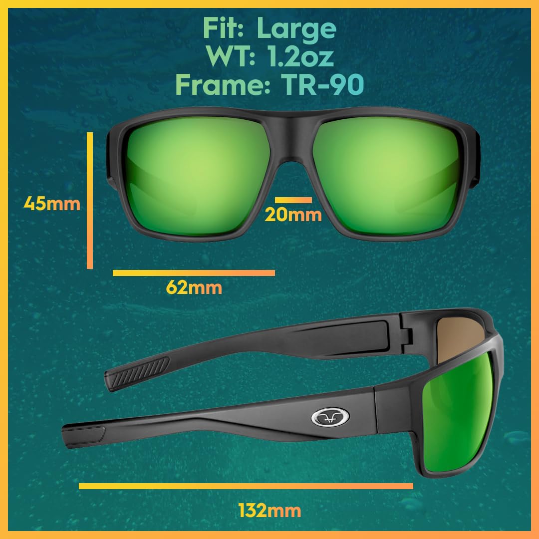Flying Fisherman Granders Polarized Square Sunglasses, Matte Black Frame/Green Mirror Lens, Large