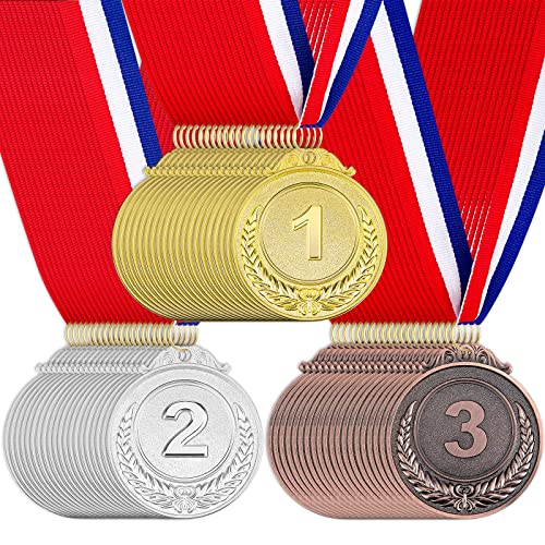 60 Pcs Award Medals 2 Inch Gold Silver Bronze Winner Ribbons for Sports & Events