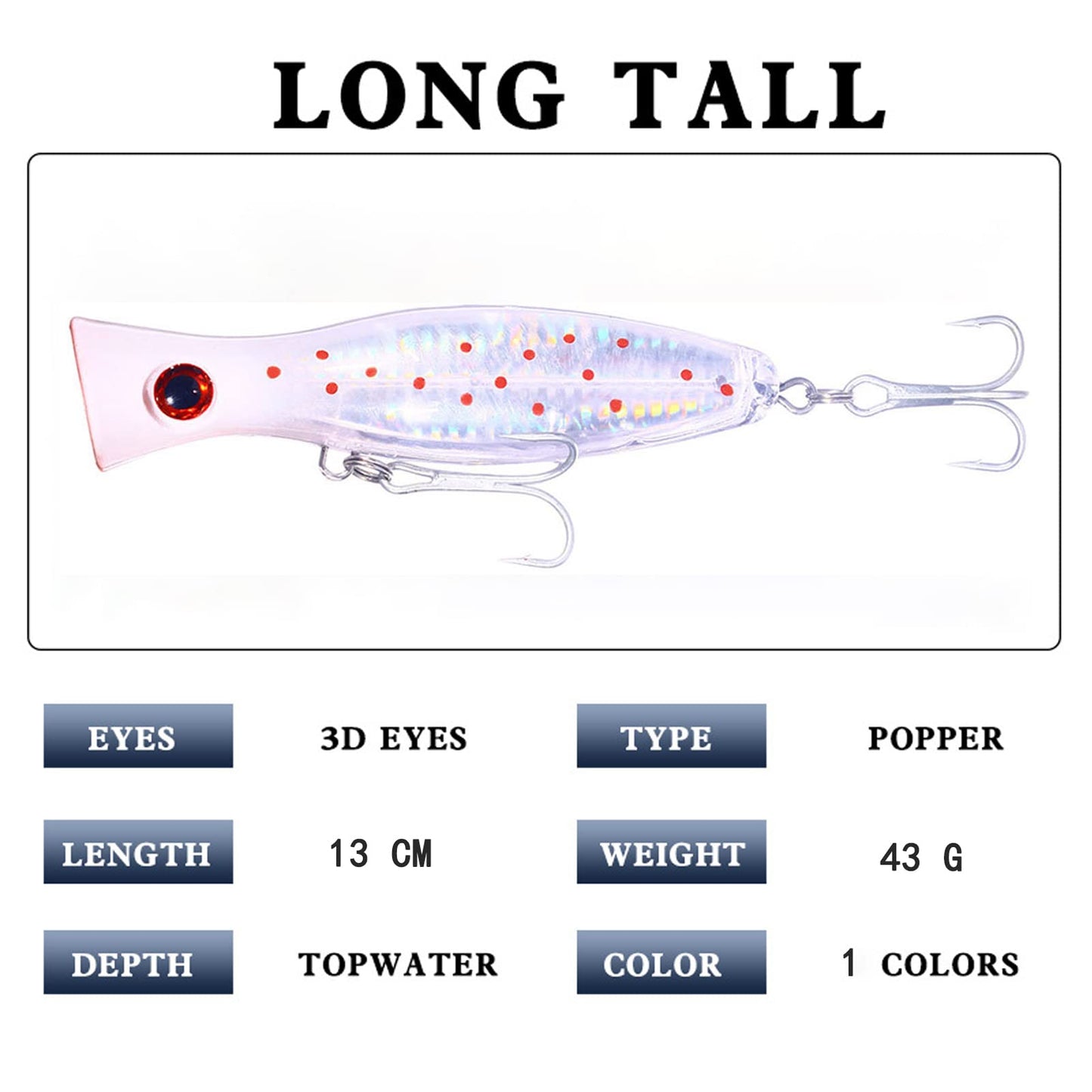 JAZALIC Topwater Popper Lure, 13cm White, 1pc, GT, Tuna, Steel with Lead Weight, Trigon Hook