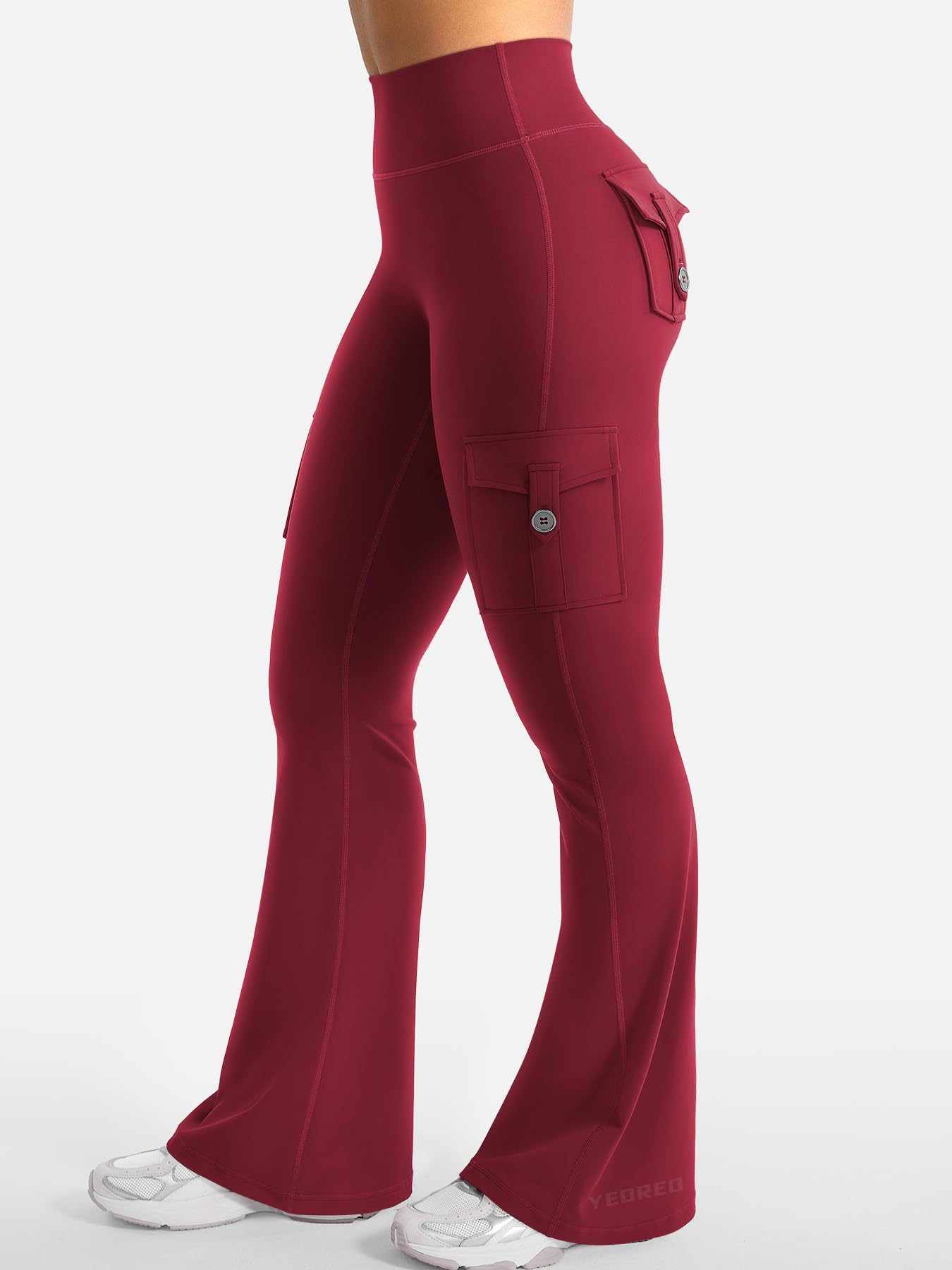 YEOREO CoreFlex Women Workout Flare Leggings with Pockets Hidden Scrunch Cargo Gym Yoga No Front Seam Leggings Wine S