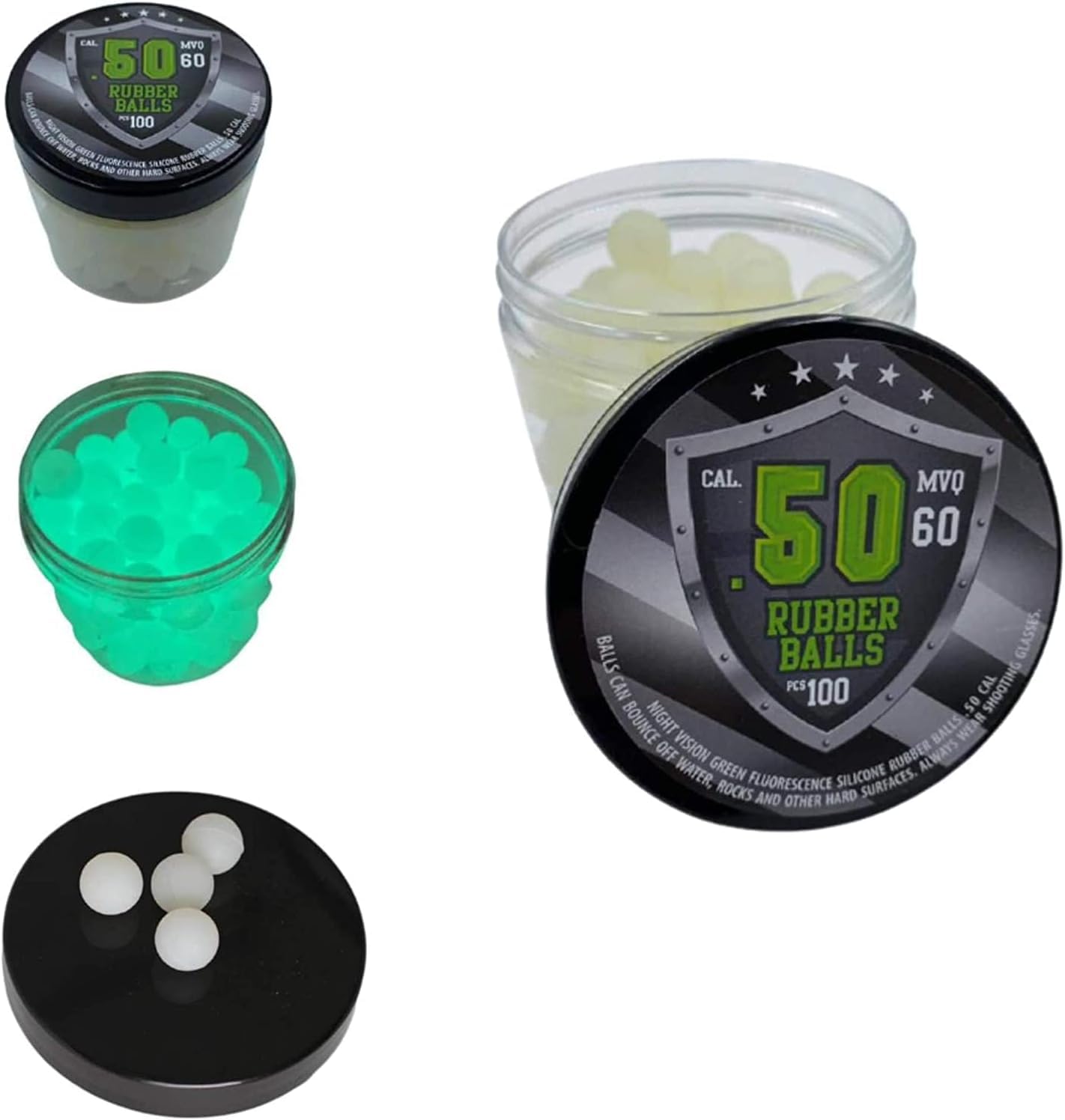 Glowing Rubber Balls in 50 Caliber 100 x Glow in The Dark Resusable Rubber Balls w. Silicon in Green for Training Home Defense Paintball Pistols in 50 Cal.