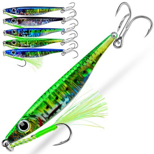 Sunlure Saltwater Fishing Jigs - Jig Fishing Vertical Jig Speed Slow Pitch Jigging Spoon Hard Bass Fishing Lure - Blade Baits Lures with Assist Hook Paillette Artificial Fishing Lures 5pcs/Set 1.4oz