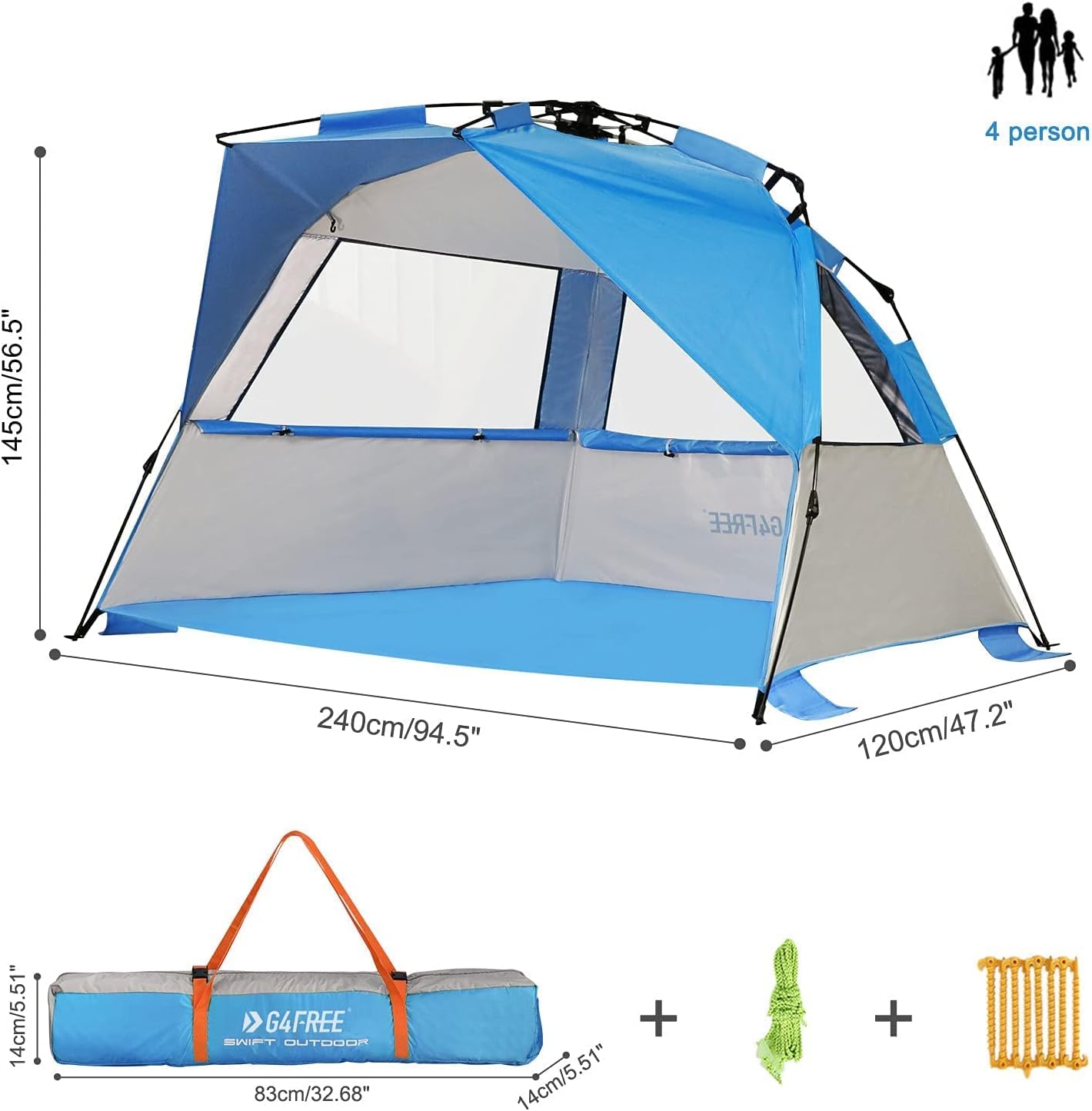 G4Free Easy Set up Beach Tent Deluxe XL, Pop up Sun Shelter for 3-4 Persons with UPF 50+ Protection Beach Shade with Extended Floor