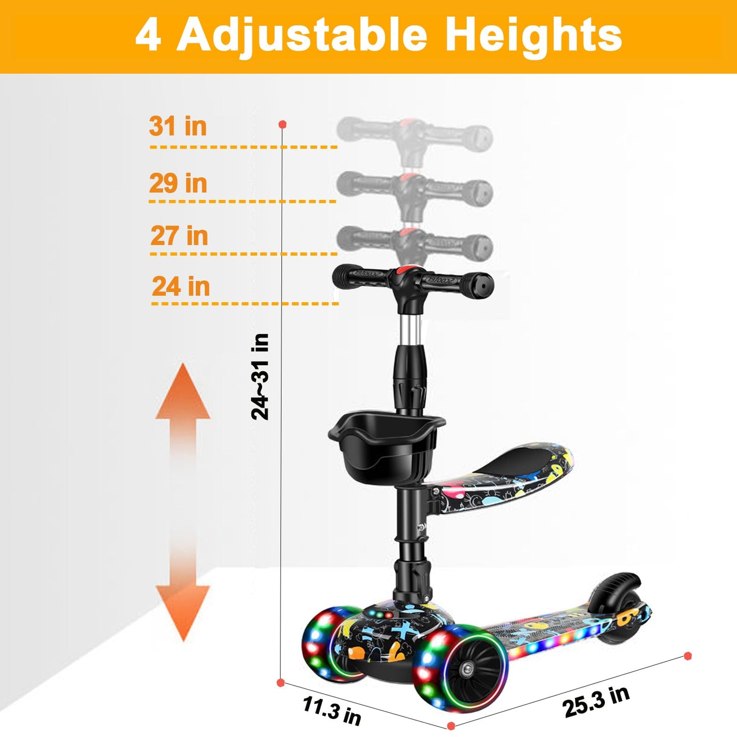 CLrkualn 2-in-1 Kick Scooter for Kids Ages 3-8, Adjustable Height Foldable Scooter Removable Seat, 3 LED Light Wheels, Outdoor Activities for Toddlers Boys Girls (Black)