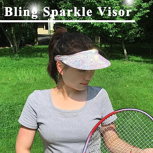 Sun Visors Hats Women & Men Rhinestones Clip-On Adjustable Beach Cap - White 6 3/4-7 1/4