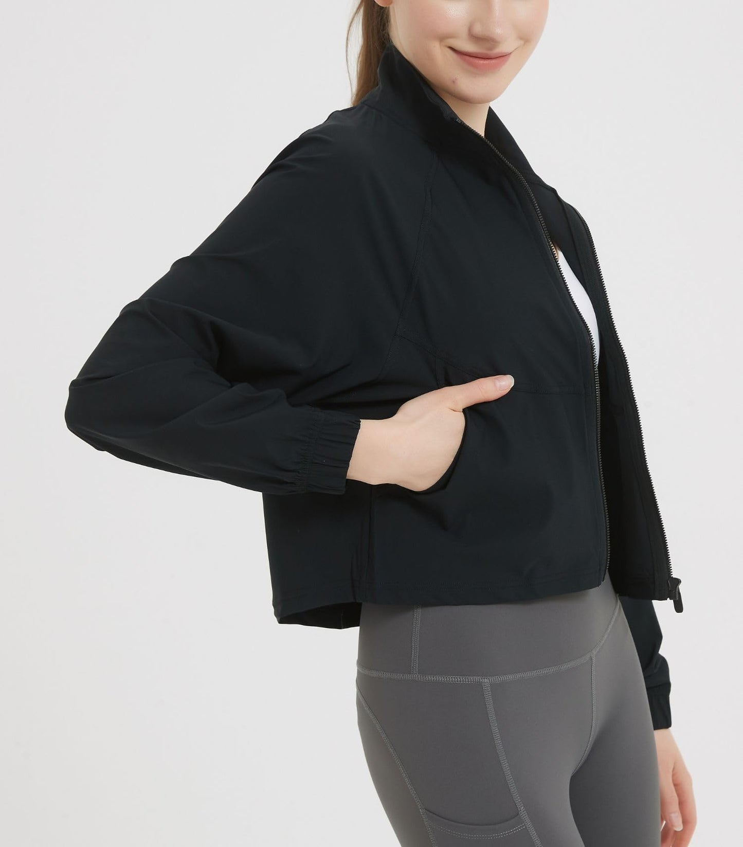 happlan Women's UPF 50+ Sun Protection Athletic Running Gym Yoga Long Sleeve Cropped Zip Up Workout Shirt Track Jacket