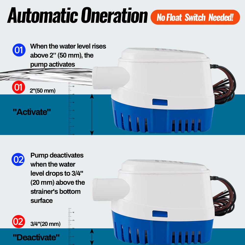 Automatic 12V 1100GPH Marine Bilge Pump with Built-in Float Switch – Auto On/Off Submersible Boat Water Pump, 1-1/8" (29mm) Outlet for Efficient Bilge Water Removal on Boats & Yachts