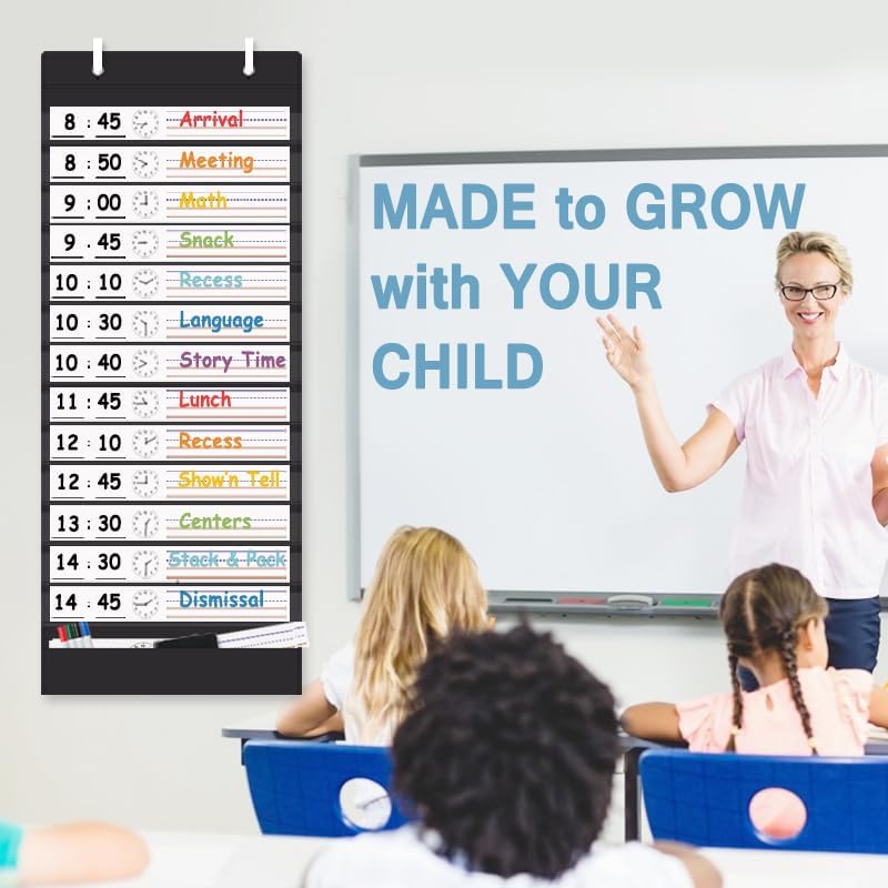 TOGETRUE Classroom Schedule Pocket Chart, Double Sided Daily Schedule with 18 Erasable Cards, 13+1 Pockets, Visual Pocket Chart for Classroom, Home, Office, 35.5" X 13"