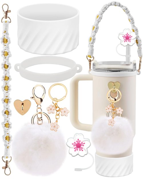 Stanley Cup Accessories Set - Silicone Boot for 40/30 oz Quencher Adventure Tumbler, Water Bottle Handle Strap, Charms for 40oz Cup (White)