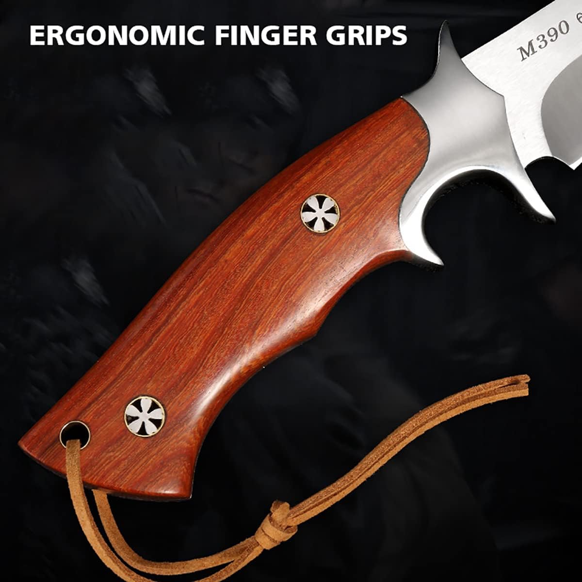 QIXENIO M390 Steel Handmade Hunting Knife, Fixed Blade Full-Tang with Leather Sheath, Red Wood Non-Slip Handle - Survival, Tactical, Camping knives