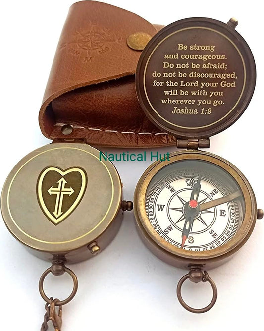 Be Strong and Courageous for The Lord Engraved Brass Antique Compass with Leather Case - Joshua 1:9 Brass Pocket Compass Camping & Hiking Compass for Birthday, Anniversary, Graduation, Baptism (XI)