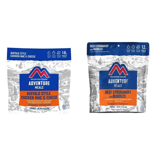 Mountain House Buffalo Style Chicken Mac & Cheese (2 Servings) and Beef Stroganoff with Noodles (2 Servings) | Freeze Dried Backpacking & Camping Food