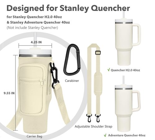 Momocici Cup Holder Carrier Bag with Strap and Pouch for Stanley Quencher 40oz Tumbler. Cup Crossbody Holder Bag Compatible with Stanley Cup for Hiking Travelling Camping.(Cream)