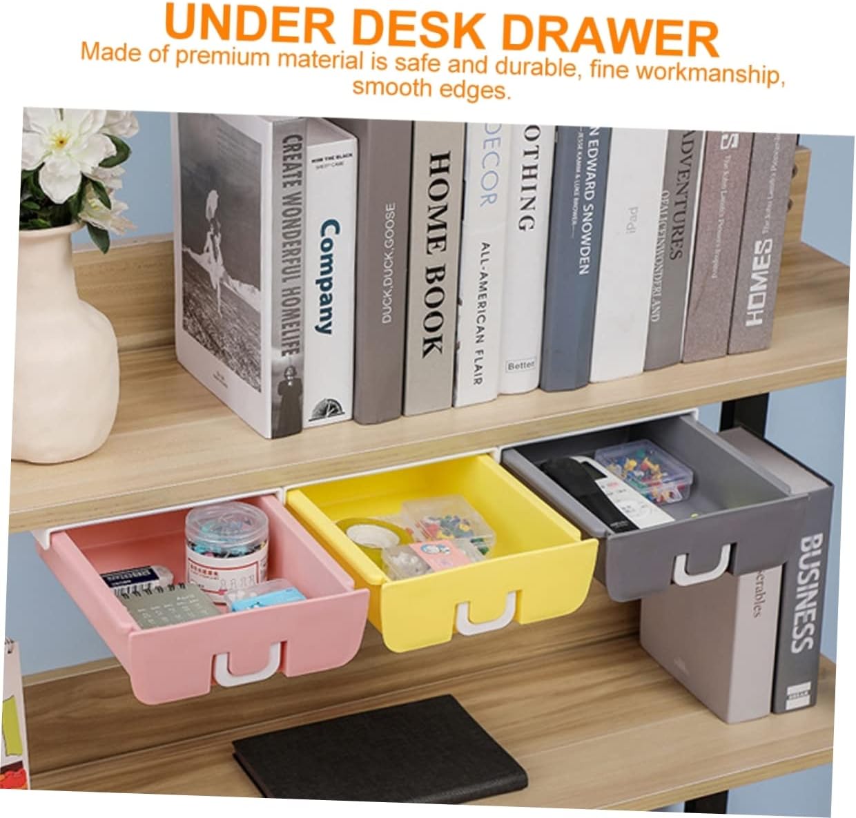 Homoyoyo Drawer Storage Box Hidden under Desk Organizer Smooth Surface Easy to Pull Holds Pencils Erasers Kitchen Items Jewelry