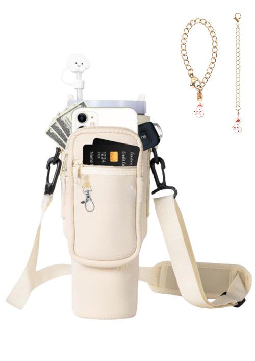 Water Bottle Carrier Bag with Phone Pocketfor Stanley 40/30 oz, Water Bottle Holder with Adjustable Shoulder Strap and Charm(White)