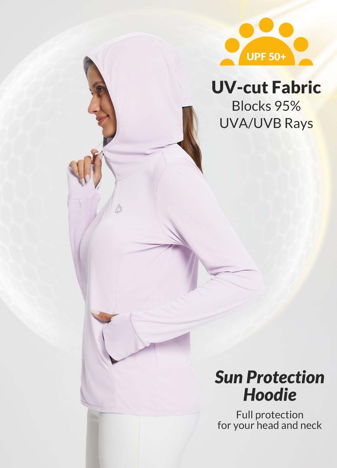 baleaf Women's UPF 50+ Sun Protection Jacket Lightweight UV Long Sleeve Hoodie for Hiking Outdoor Travel Fishing Pastel Purple M