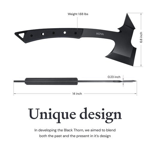 KOVA Black Thorn Hatchet - Stainless Steel, 14" Overall Length, 6.8" Blade, G10 Handle - Lightweight & Durable Axe, Ideal for Camping, Survival, and Outdoor Adventure