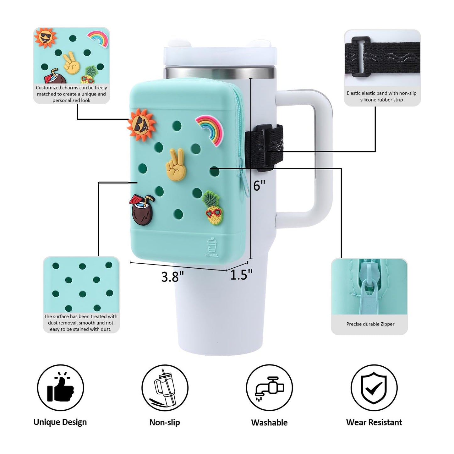 HCVUINL Silicone Water Bottle Pouch with 5 Charms, Handheld Caddy for Quencher Adventure 40oz & Stanley IceFlow 20oz 30oz, Tumbler Pouch Sports Gym Bottle Accessories, Green