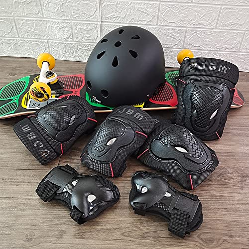 Adult & Kid Skating Protective Gear Set Helmet Knee Elbow Wrist Guards Black Medium Teen
