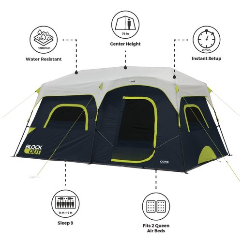 CORE Blackout 9 Person Instant Cabin Tent | Large Multi Room Family Pop Up Dark Room Tent for 2 Minute Camp Setup | Included Storage Pockets for Camping Accessories