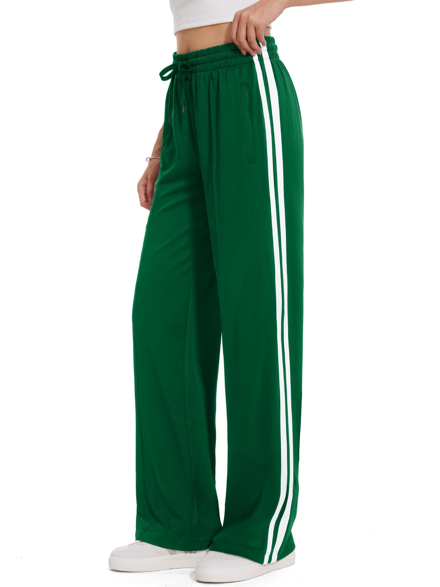 Tapata Tall Women 34" Inseam Warm Up Track Pants Wide Leg Sweatpants Lightweight Side Stripe Ladies Slacks Workout, Green, S