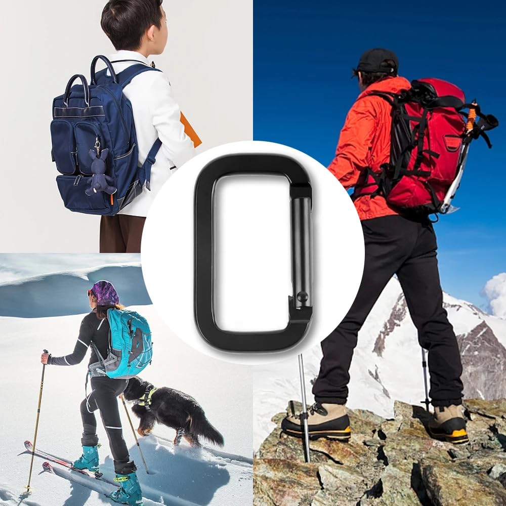 DraCra 6 Pack Rectangle Carabiner with Black Key Rings Carabiner Clips D Ring Spring Snap Hook Keychain Clip Carabeaner Caribeaner Clips for Keys Hiking Backpack Tactical Straps Bag