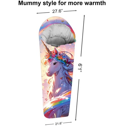 Mummy Style 32 – 59F Kids Sleeping Bag with Pillow Sleeve, Full Scale Digital Printing Unicorn, Mermaid, Kitty or Puppy, Lightweight, Ideal for Camping, Sleepover, Boys, Girls, Youth and Toddlers